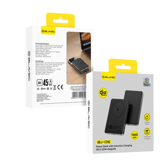 Išorinė baterija 10000mAh BJ-05, itin greita, 16 mm, C tipo, Qi2.2, 25 W + PD, 45 W, magnetinė indukcija, „Magsafe 2 in 1“ (PBBJ05-QI22MC10B)